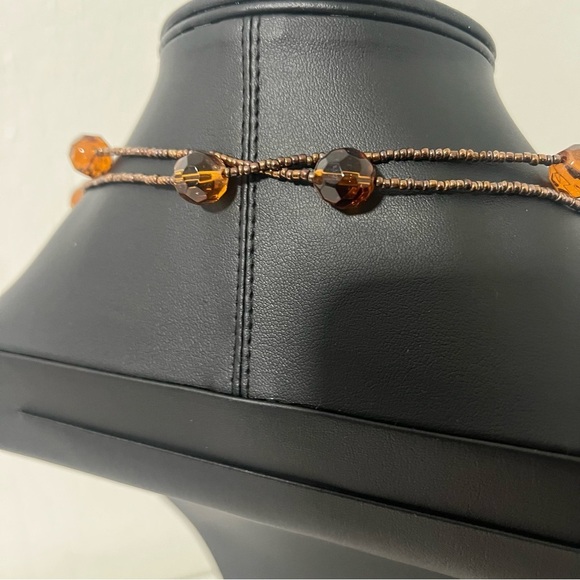 Amber Brown Glass Faceted Bead Long Necklace Bronze Seed Beaded Boho Layered - Picture 6 of 8